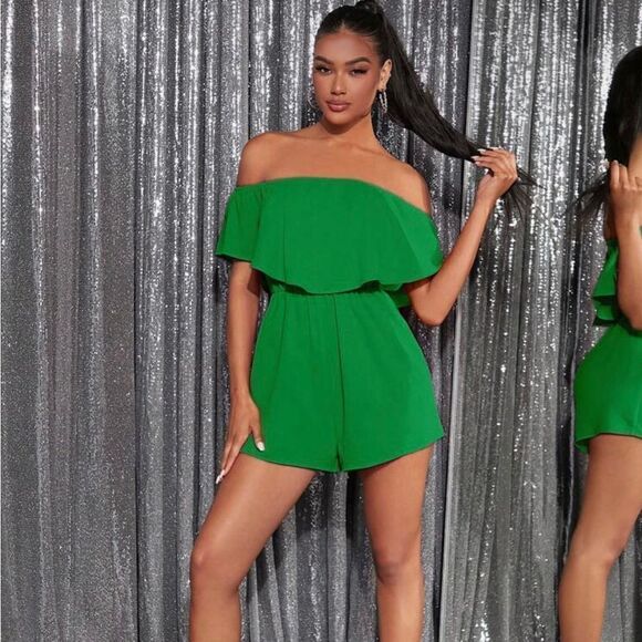 Green Off The Shoulder Romper size Large - Picture 1 of 4